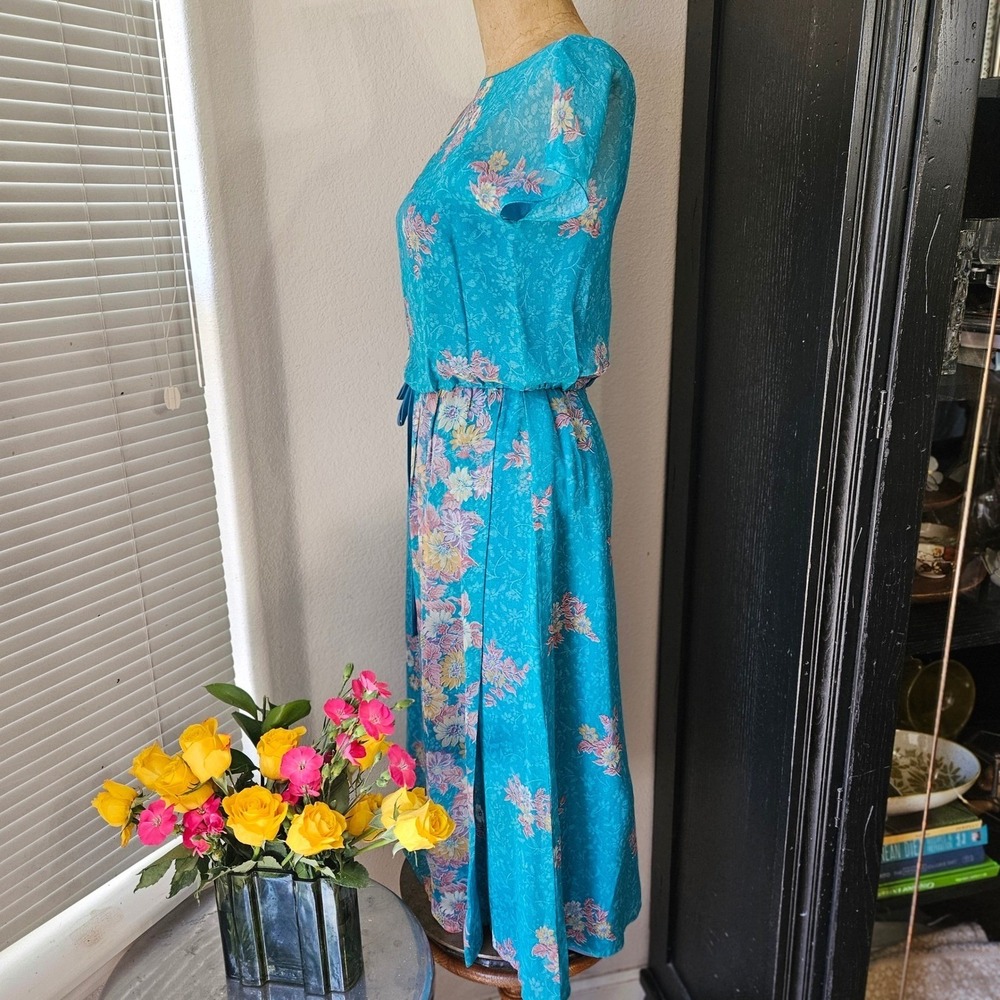 Vintage 70s Floral Midi Dress ILGWU Union Made Sheer Overlay Blue S/M - Picture 4 of 8